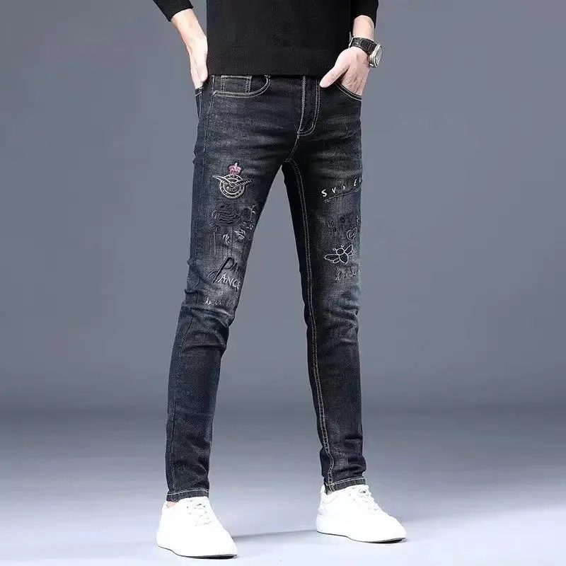 Luxury Men\'s Skinny Jeans with Embroidery Hip Hop Style Korean Fashion Harajuku black Trendy Streetwear Pants Casual Trousers