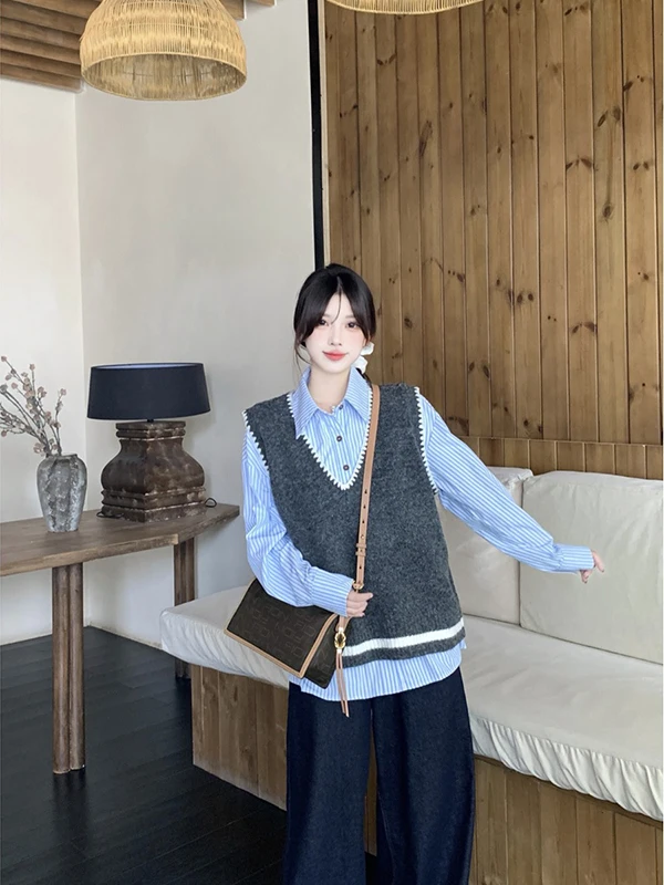 

plus Size Striped Shirt Women's Casual Set Knitted Vest Korean Chic Two-Piece Set for plus Size Women Autumn Commute Style