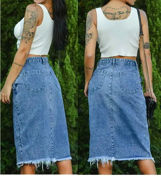 Women's Denim Skirt with Burr Edge, Tight Jean Skirt, Irregular Tassel, High Waisted, Medium Length Skirts