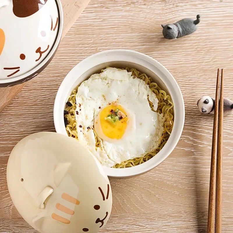 Creative Ceramic Soup Bowl Cute Cartoon Animals with Lid Cat Bowl Household Instant Noodles Bowl Rice Bowl Tableware