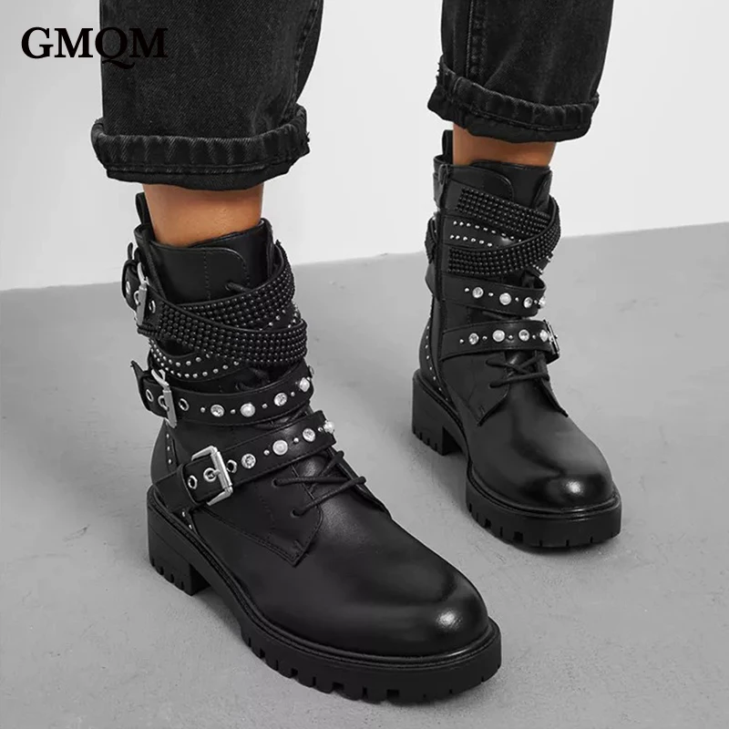 GMQM Fashion Women\'s Ankle Boots New 2024 Lace-Up Round Toe Shoes Punk Gothic Style Buckle Strap Rivet Motorcycle Shoes Black