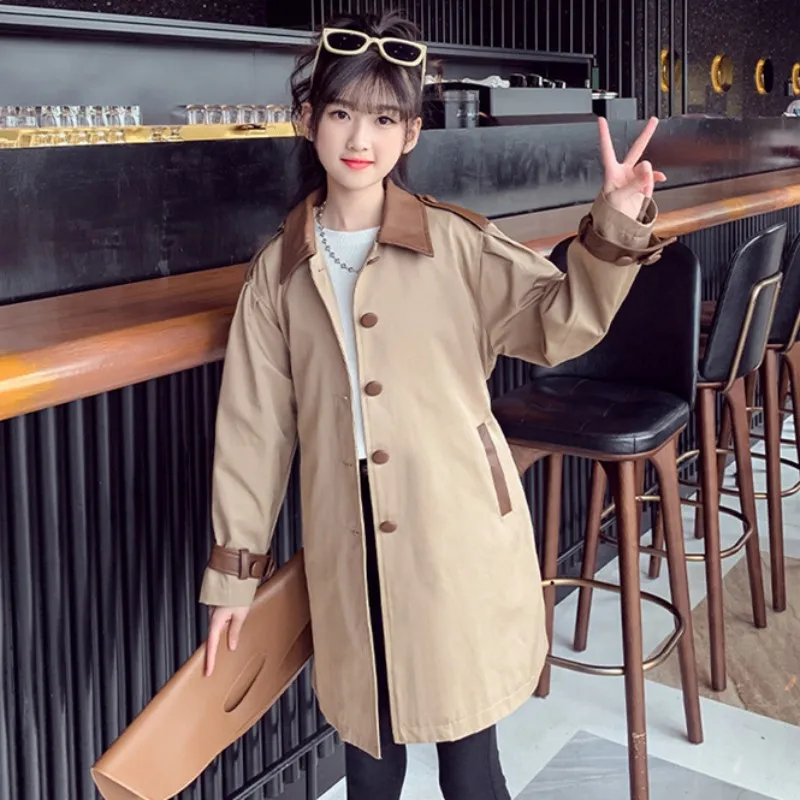 

Girls Coat Windbreak Jacket Cotton 2023 Khaki Spring Autumn High Quality Kids Windproof Children's Clothing