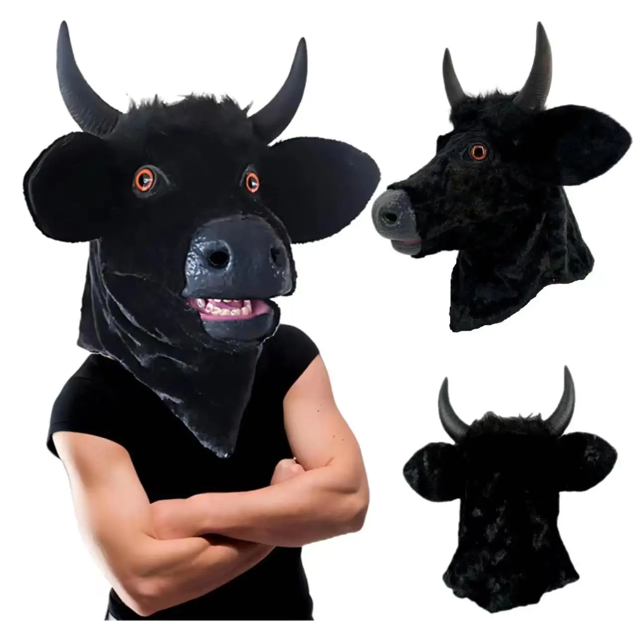 Funny Realistic Moving Mouth Horn Mask Creepy Moving Bull Animal Head Latex Open Cow Mask Masque Halloween Party Cosplay Costume