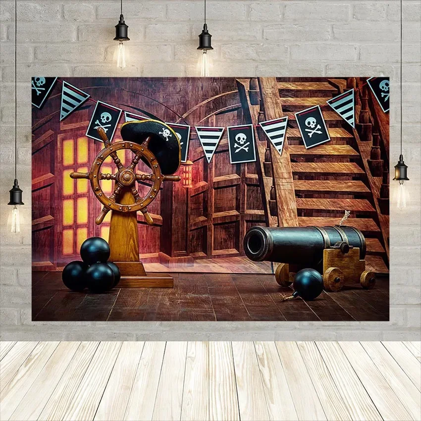 7X5FT Jolly Roger Pirate Ship Treasure Compass Happy 1st One Birthday Boy Custom Photo Backdrop Background Vinyl 220cm X 150cm