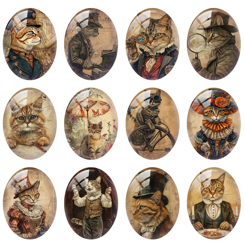 10pcs/lot Steampunk Cat Flower Oval Photo Glass Cabochon Flatback Demo Flat Back Cameo For Diy Jewelry Making Supplies