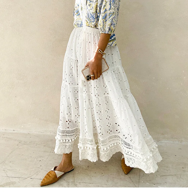 White Floral Embroidery Long Skirt Women Casual Cotton Summer Skirts Vintage Elastic High Waist Boho Beach Lace Falda