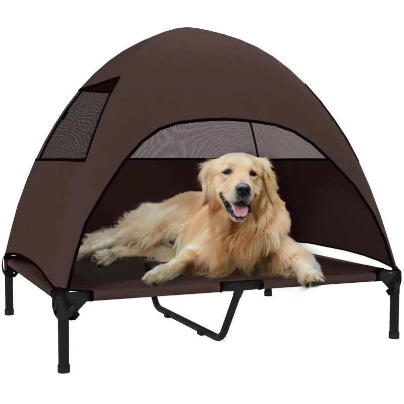 Lit pour chien d’extérieur surélevé avec toit, cage pour chien de grande taille, abri résistant aux intempéries avec base ventilée, couleur café.