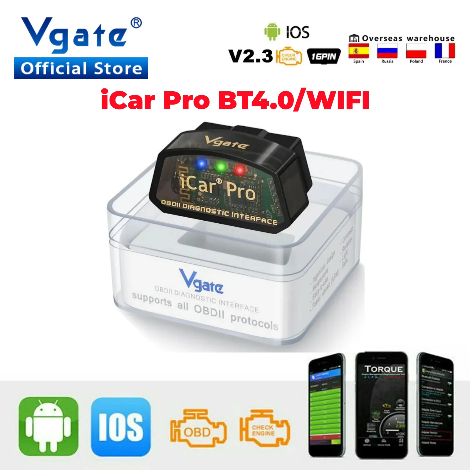 Vgate iCar Pro Wi-Fi OBD2 스캐너, iOS 및 안드로이드 블루투스 4.0, ElM 327 OBD 2, 자동차 진단 도구, 스캔 도구, 코드 리더, ELM327 