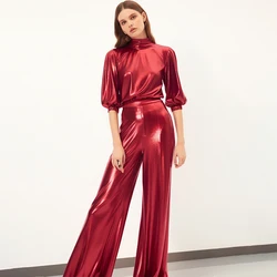 Women's Jumpsuit Turtleneck Metal Lantern Sleeves Wide Leg Sequins Elegant Party Nightclub High Waist Red Jumpsuit