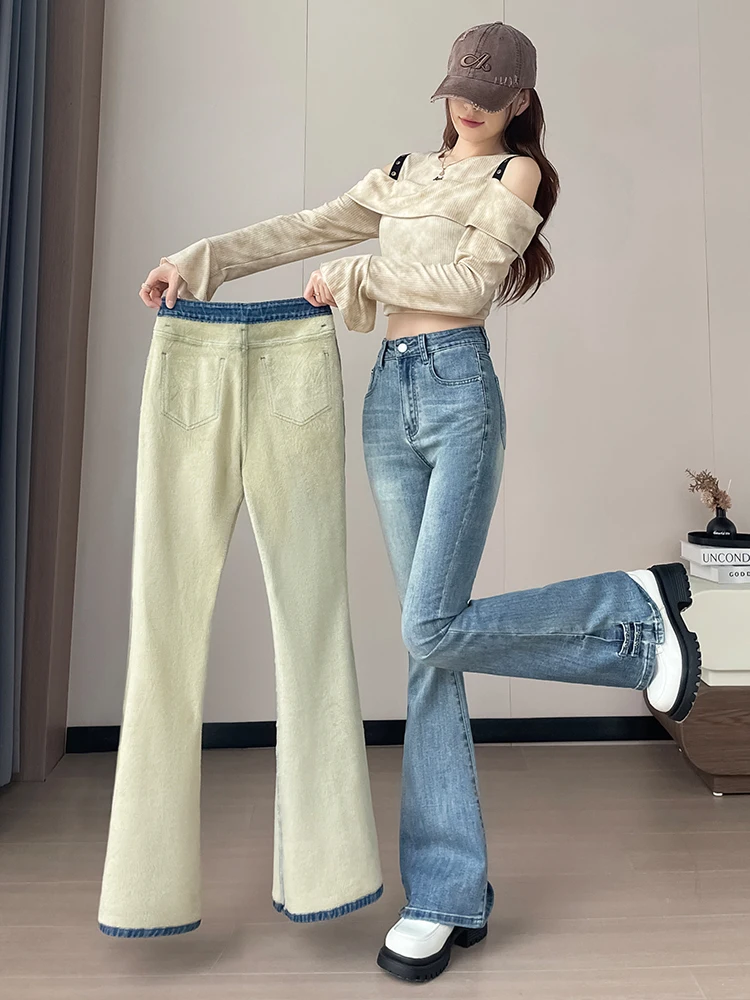 Velvet thickened micro flared jeans women in winter 2025 side split buttons design sense light colored flared pants