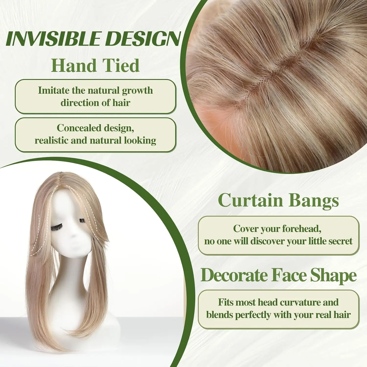 Toppers de cabelo loiro mel claro e loiro branqueado de 18 polegadas com franja de cortina Toppers de cabelo sintético para mulheres Base suíça amarrada à mão