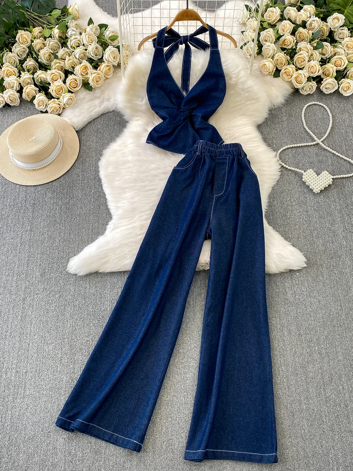 

Сексуальный джинсовый комплект: топ с V-образным вырезом без рукавов и широкие брюки с высокой талией для молодых женщин, повседневный стиль