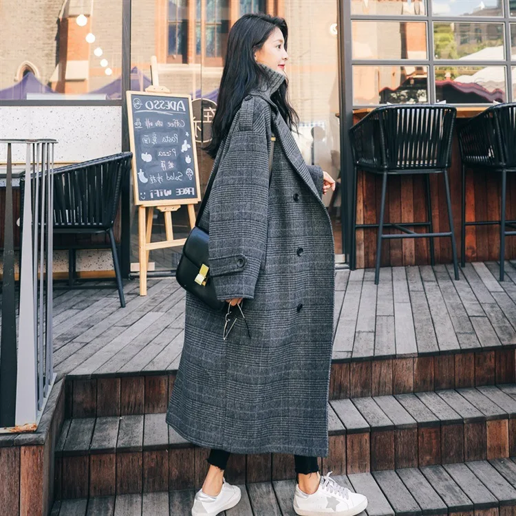 2023 autumn and winter new Korean version plaid medium and long over the knee woolen temperament loose woolen coat coat