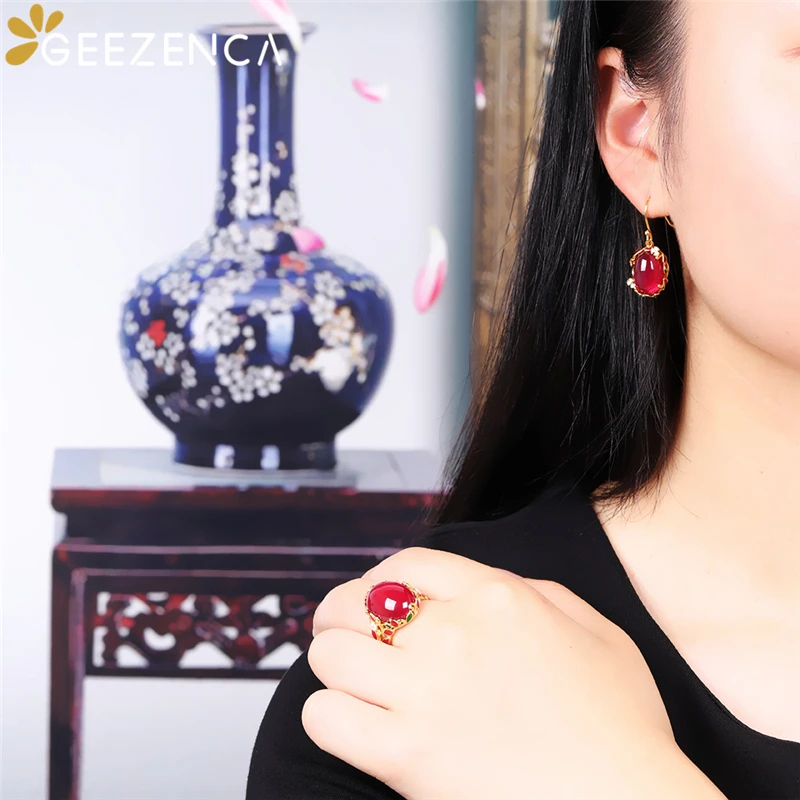 GEEZENCA S925 Silver Gold Plated Enamel Red Corundum Jewelry Sets Earrings Ring For Women Vintage Trendy Cloisonne Fine Jewelry