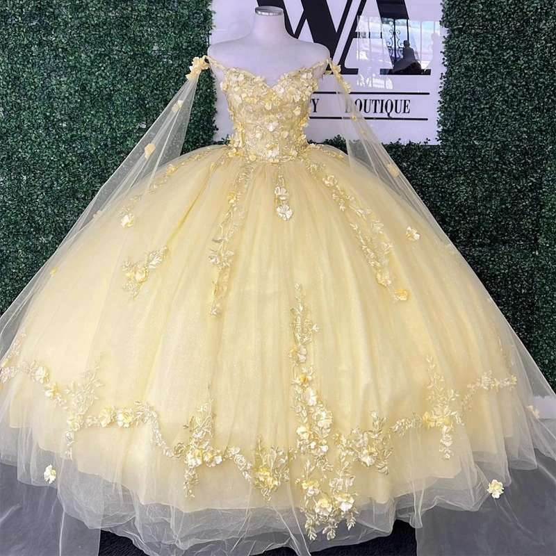 

ANGELSBRIDEP Yellow Ball Gowns Sweetheart Quinceanera Dresses With Cape Off The Shoulder Lace Appliques Vestido De 15 16 Anos