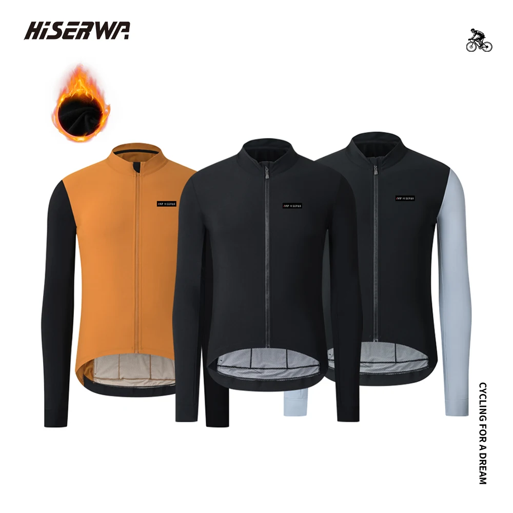 

HISERWA Cycling Jersey Winter Thermal Fleece Cycling Jersey Men Long Sleeve Hot Warm Soft Brushed Breathable Bicycle Clothing