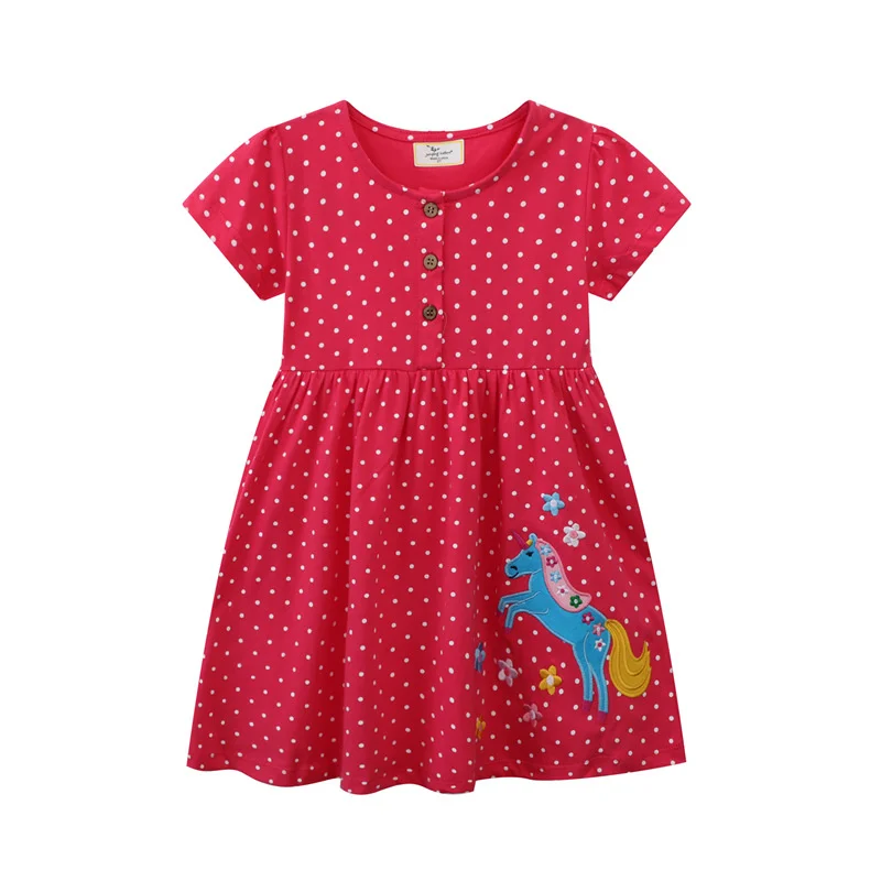 Jumping Meters 2-7T Horse Applique Buttons  Girls Dresses Short Sleeve Dots Party Children's Clothes Toddler Frocks Costume