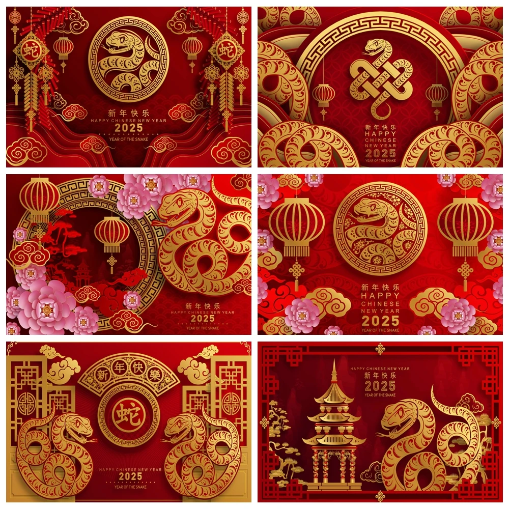 

2025 Chinese New Year Backdrop Happy New Year of The Snake Red Lantern Spring Festival New Year Eve Photography Background Decor