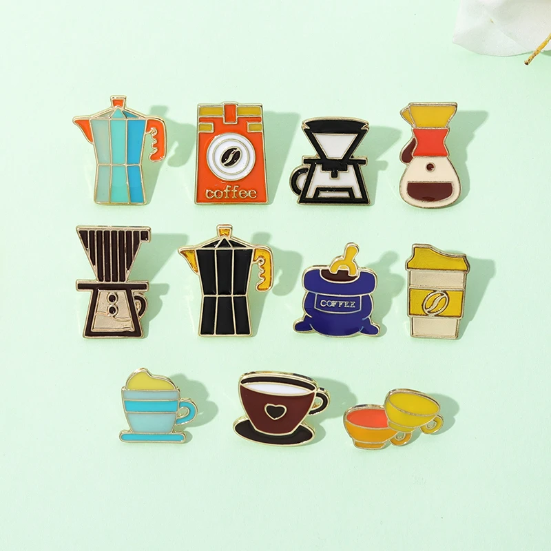 Wholesale Hand-grinded Coffee Enamael Pins Coffee Pot Mug Beans Brooch Lapel Badges Bag Retro Vintage Cafe Jewelry Gift for Kids