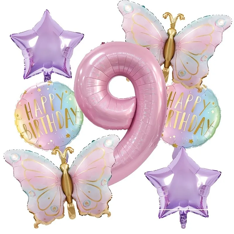 7-teiliges Kombinationsset mit rosa Schmetterlings- und Zahlenballons – perfekt für Geburtstagsfeiern, Kinderpartys und Babypartys