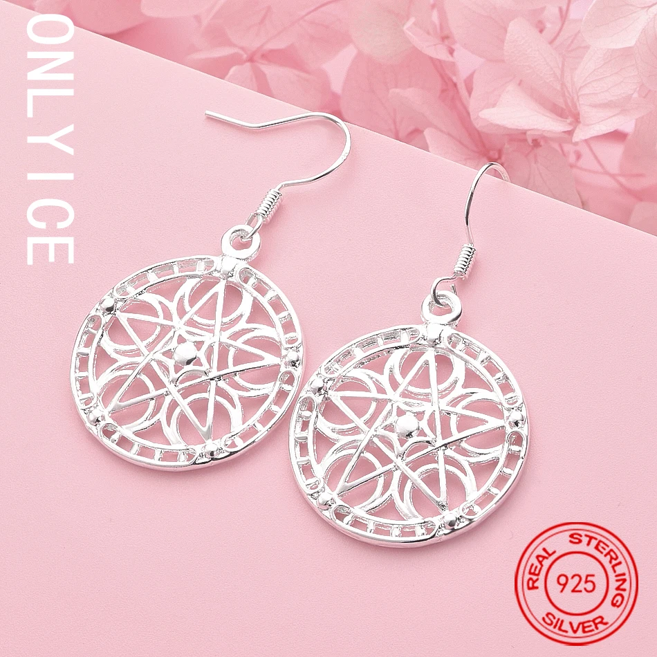 

Hot Selling 925 Sterling Silver Hollow Round Earrings High Quality Fashion Jewelry Christmas Gift Carved Water Drops