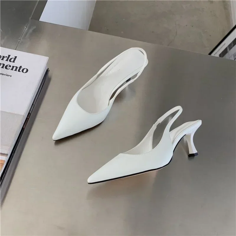 Pointed Toe Women Sandals 2024 New Arrivals Black White Silver Summer Dress Shoes Thin High Heels Elastic Band Ladies Party Mule