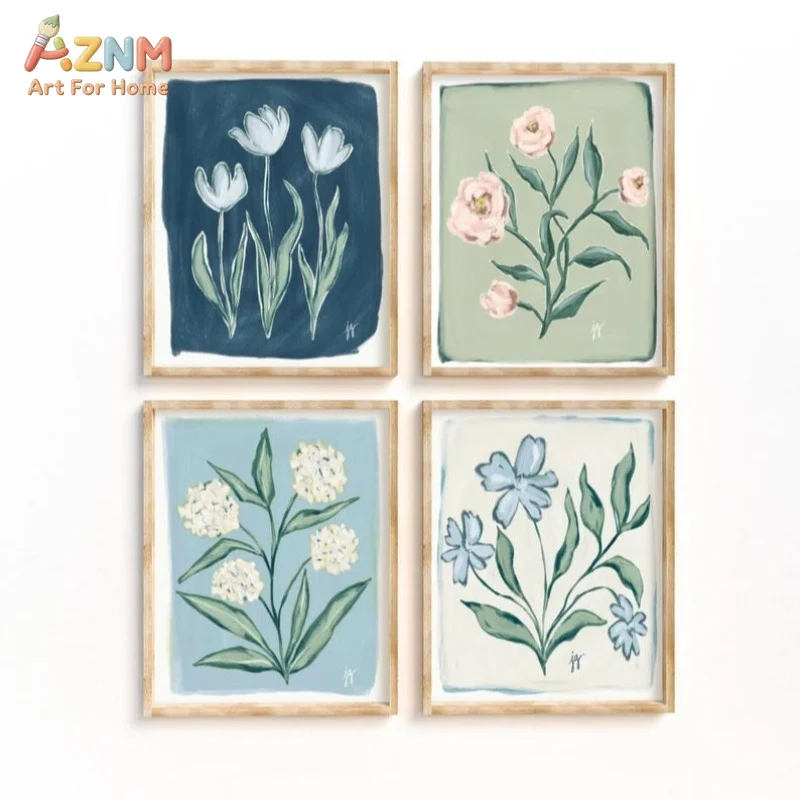 AZNM Soft Color Floral Canvas Wall Art Tulip Peony Hydrangea Watercolor Print Minimalist Botanical Home Decor Unframed