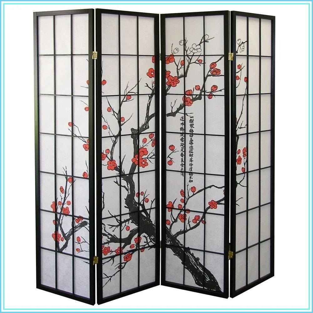 Black Japanese 4-Panel Screen Room Divider with Plum Blossom Design