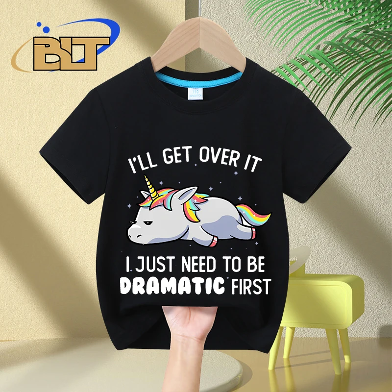 I Just Need To Be Dramatic Lazy Unicorn Printed Kids T-Shirt Summer Children's Cotton Short-Sleeved Casual Tops Boys Girls Gifts