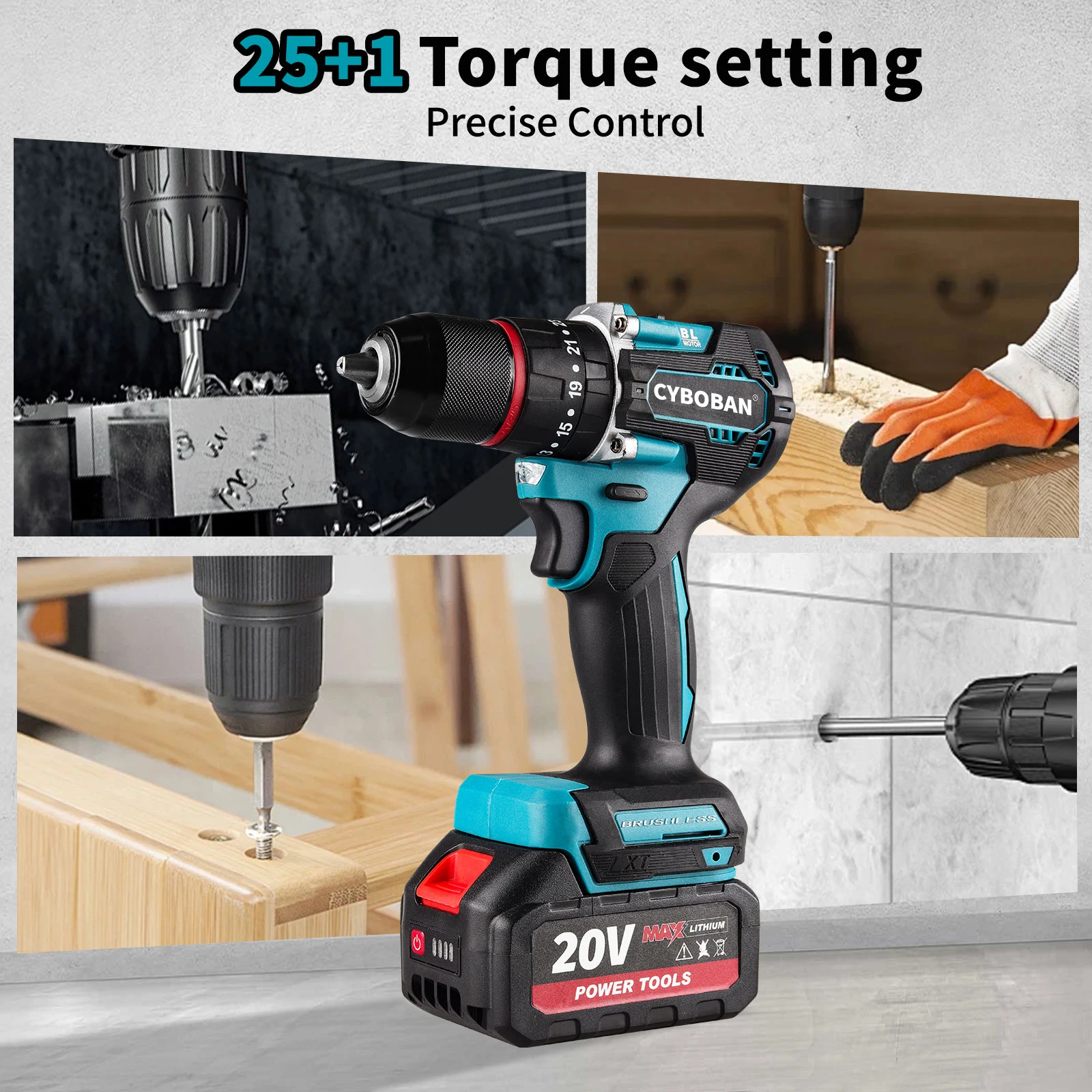 أداة كهربائية CYBOBAN، مثقاب يدوي بدون فرش 20 فولت، مفك براغي كهربائي مثقاب كهربائي 10 مم، بطارية ليثيوم بسعة 4.0 أمبير في الساعة