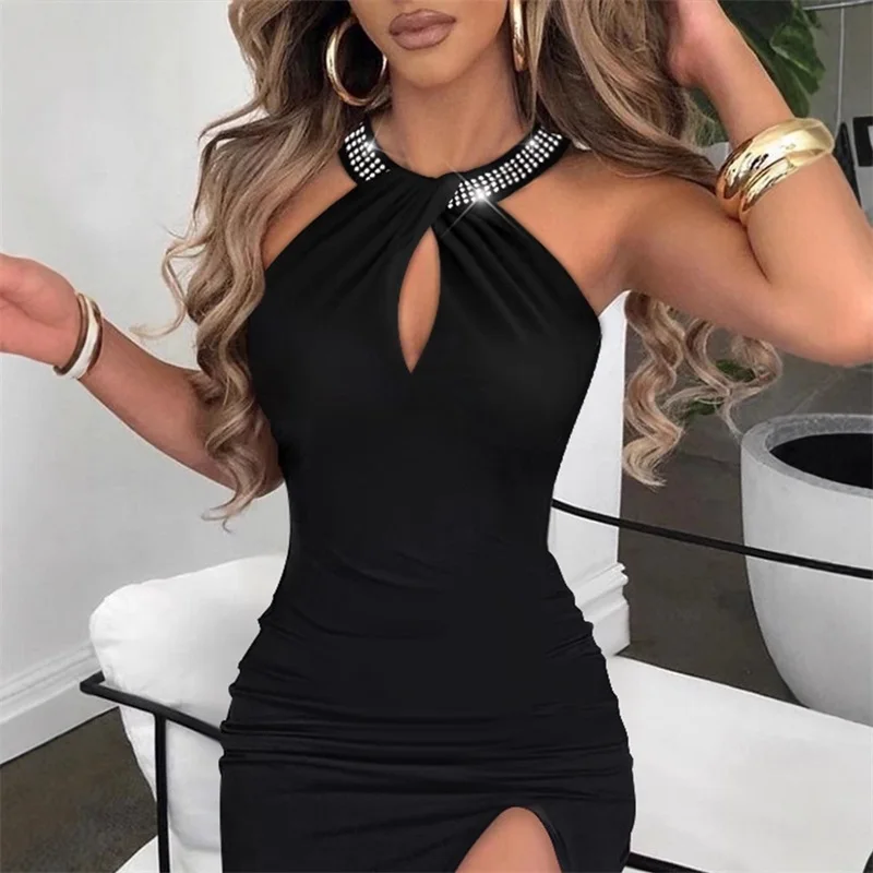 Black Crystals Women Prom Dress Sexy Halter Neck Sleeveless Side Split Long Party Gown Formal Birthday Guest Evening Robe