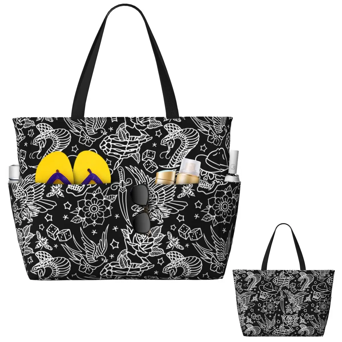 

American Traditional Tattoo Flash Print Beach Tote Bag Sport Gym Yoga Duffle Large Tote Bag Women Travel Bag Fitness bag
