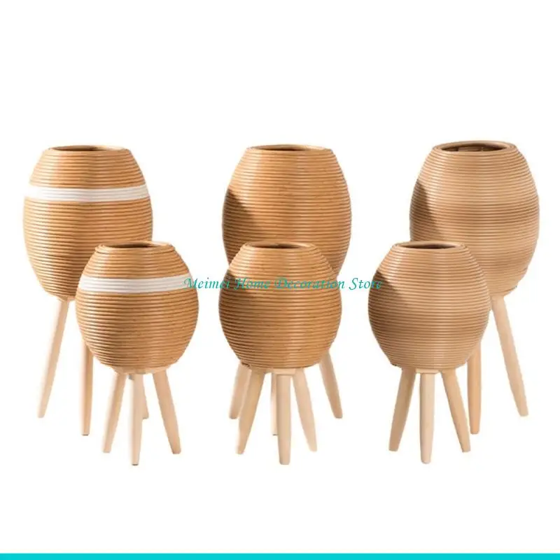 H7BF Modern Desktop Planter Triangular Holder Flowerpot Artwork Piece Stable Wooden Base For Indoor Plant