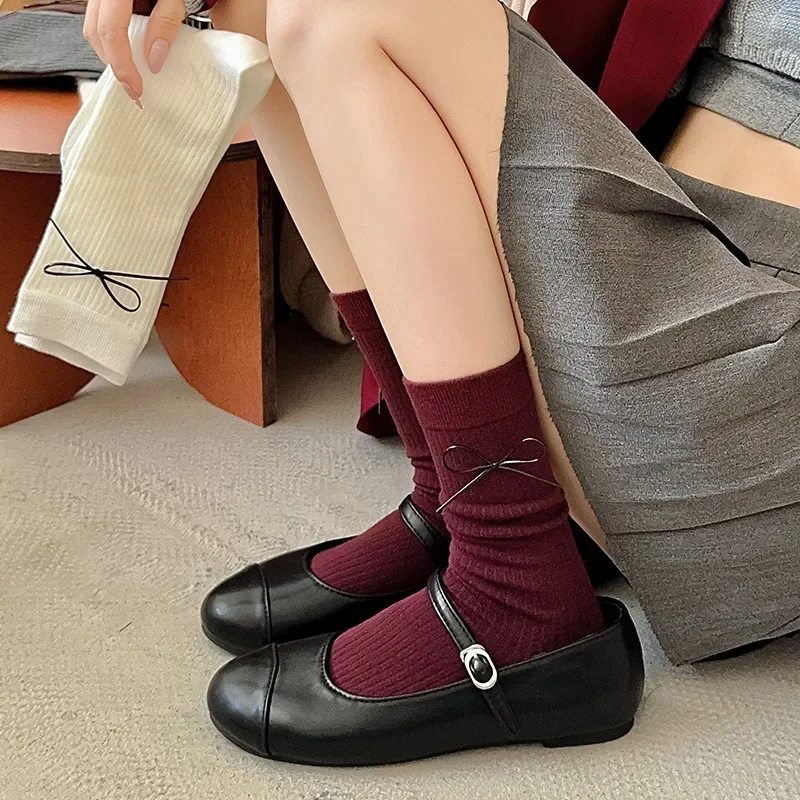 Gray Red Socks Women Autumn and Winter Retro Cotton Knitted Middle-tube Socks Bowknot Japanese Kawaii Cute Socks Christmas Gifts