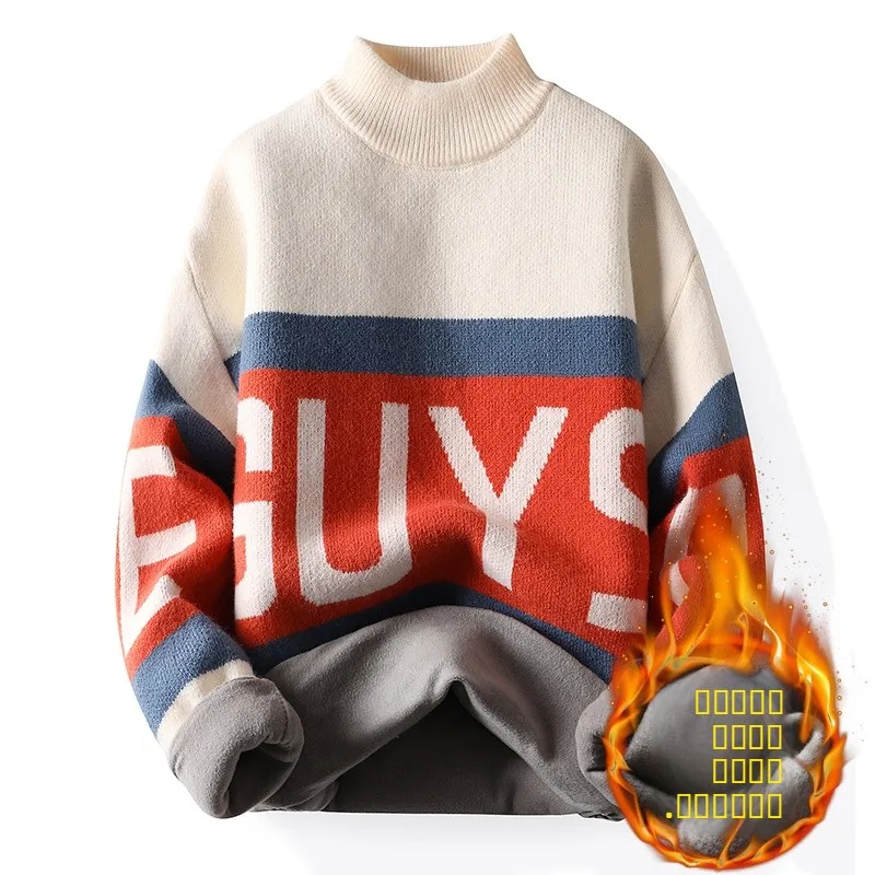 

Мужской утепленный вязаный свитер с высоким воротником на флисовой подкладке, теплый базовый слой для подростков и студентов, повседневная зимняя мода