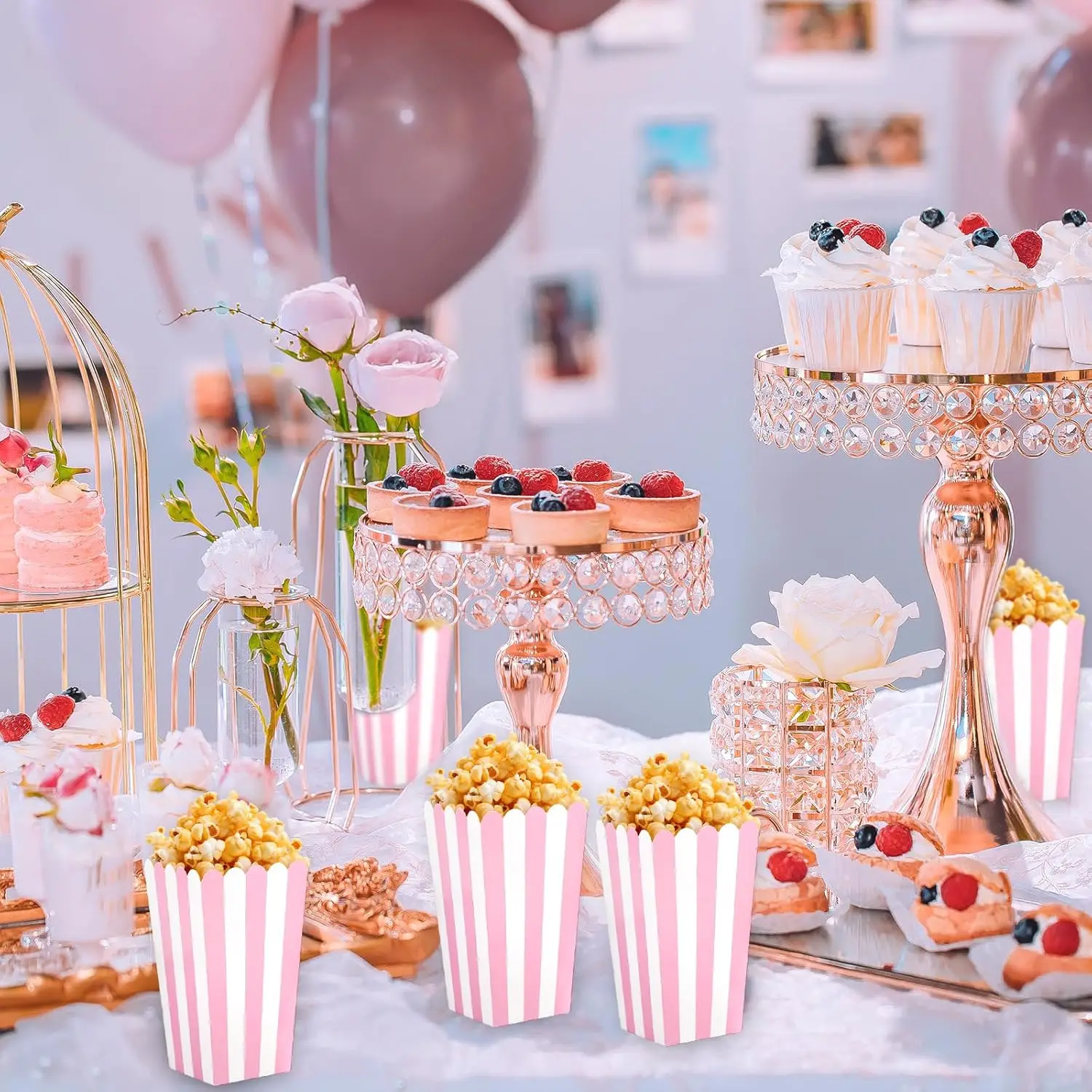 6/12/18 قطعة من صندوق الفشار الورقي المخطط المموج المنقط الوردي ، صندوق هدايا حلوى الفشار ، الزفاف ، ديكور حفلات أعياد الميلاد