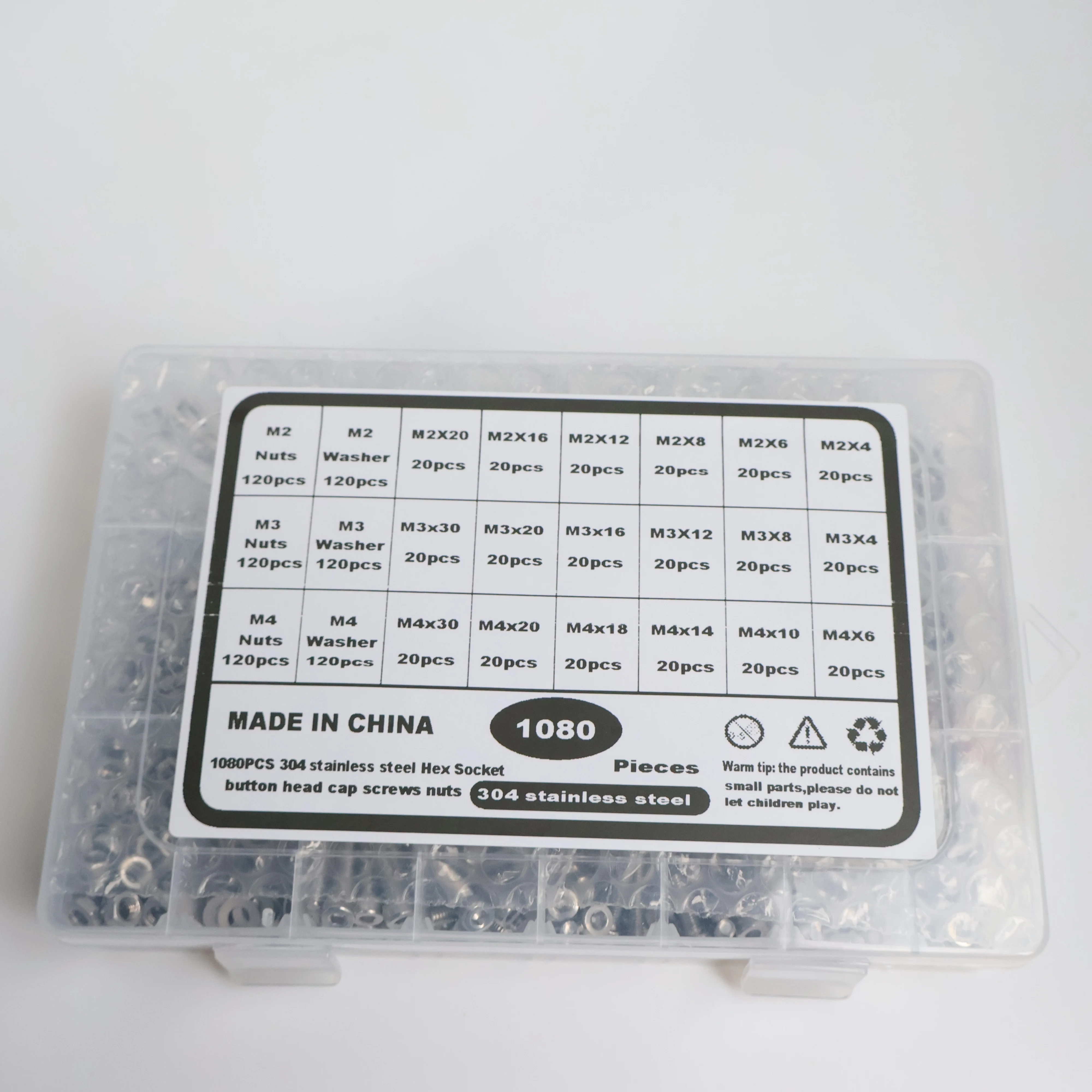 1080Pcs 304 Stainless Steel Hex Socket Button Head Screws Nuts Washers Assortment Kit M2 M3 M4 with Hex Keys Storage Box