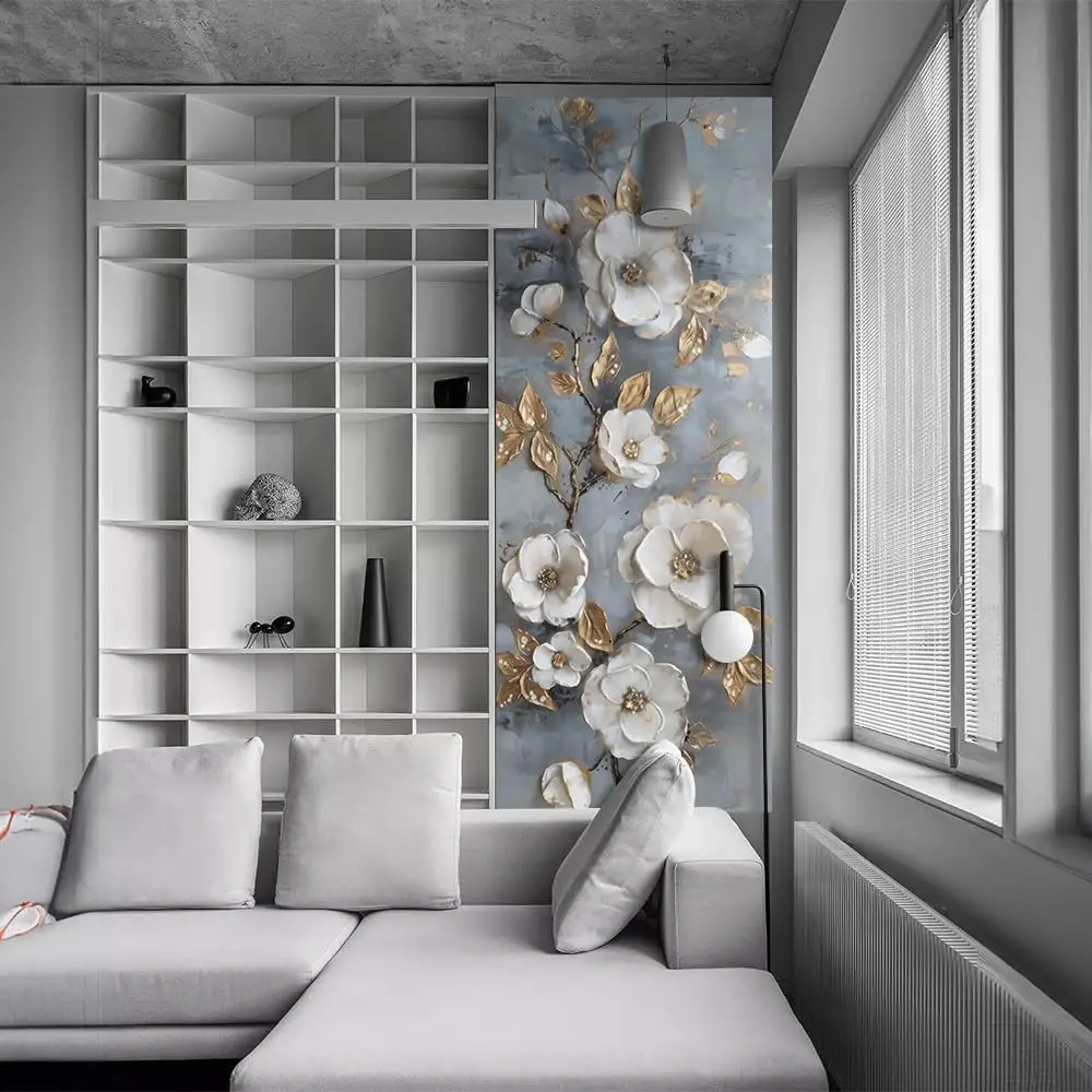 Luxury White Flower Door Decal, 3D Golden Leaf PVC Door Sticker, Waterproof Removable Home Decor