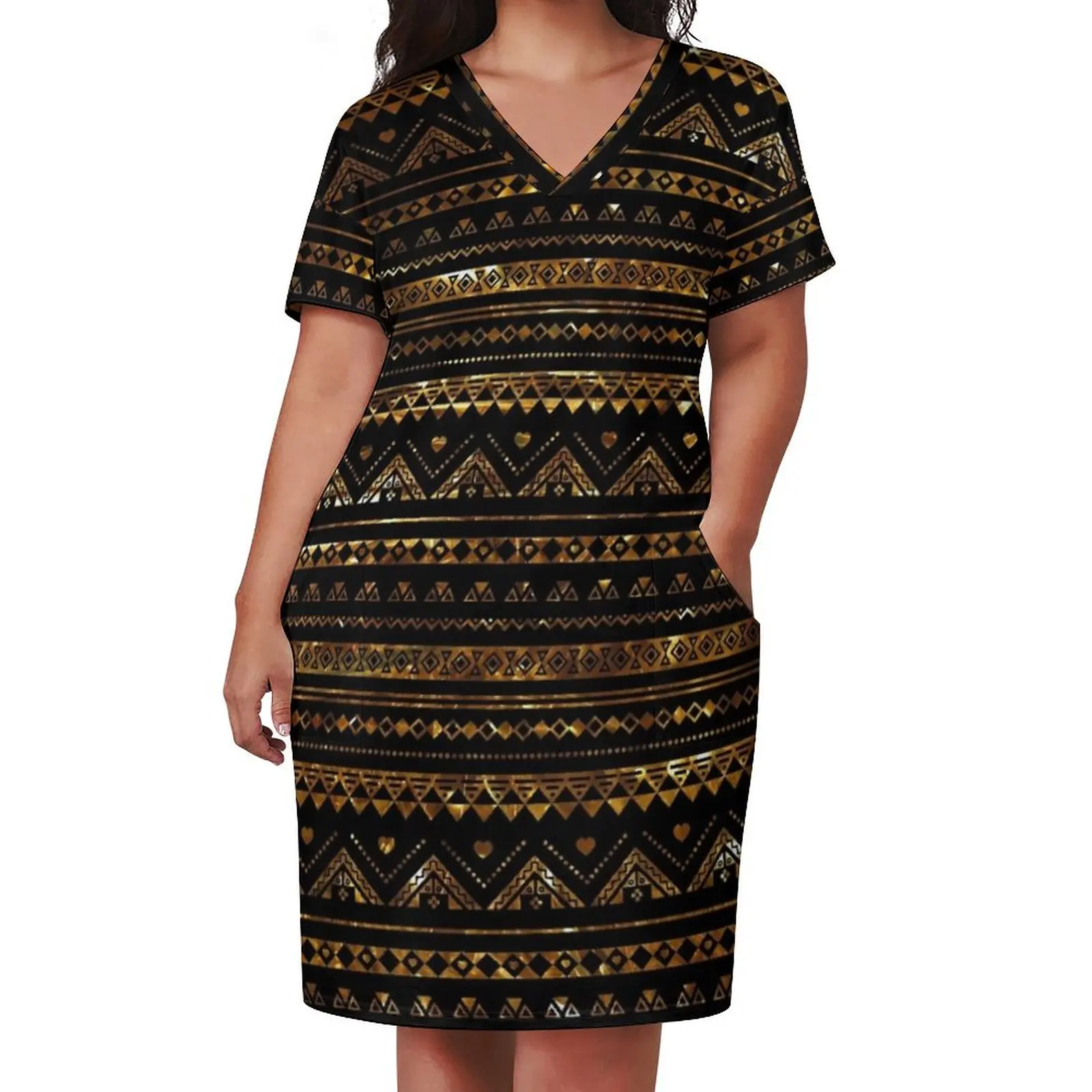 Aztec Black Tinsel Gold Loose Pocket Dress Dress for pregnant women dresses for prom