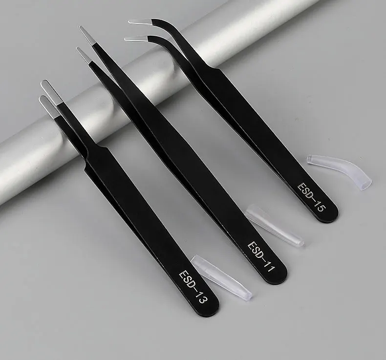 1 PCS Precision Anti Static Stainless Steel ESD Tweezers Curved Straight Craft DIY Jewelry Making Supplies Equipment Repair
