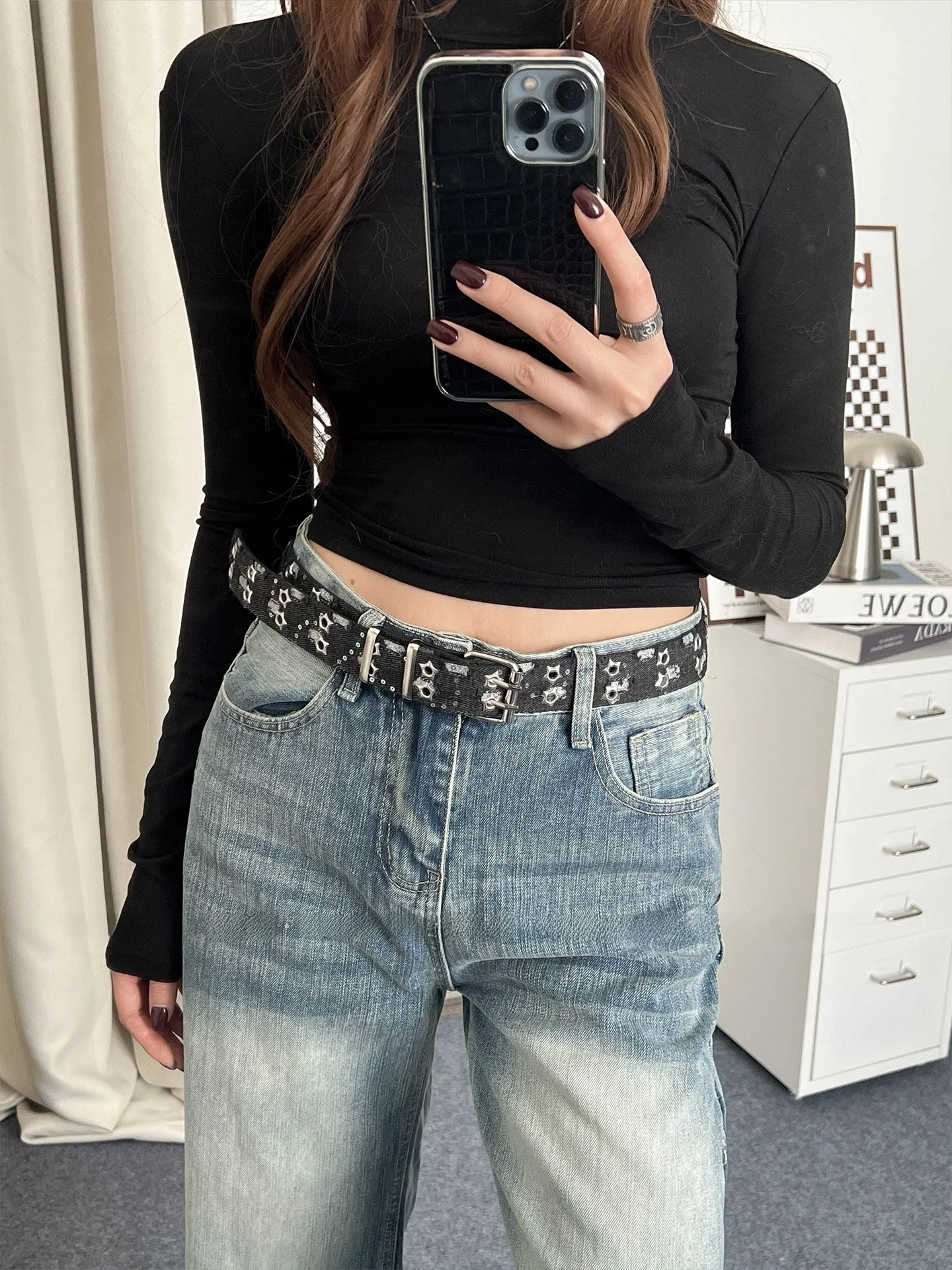 cinto-feminino-de-couro-pu-preto-com-rebites-estilo-punk-y2k-sem-furos-com-botoes-duplos-versatil-acessorio-de-moda-para-subculturas-ousadas