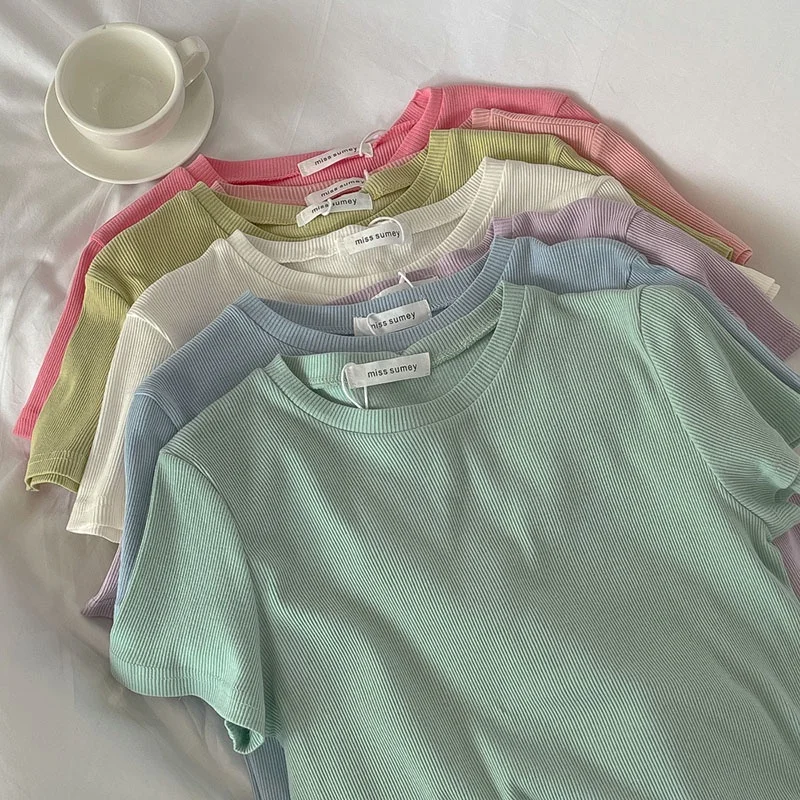 Women's Small Fresh Solid Round Neck Thread Short Sleeve T-shirt Korean Multi Color Basic Universal Slim Fit Top