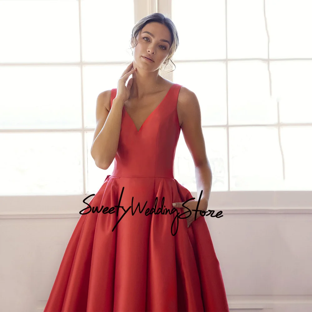 Vestido de casamento vermelho com bolsos decote em v sem mangas apliques voltar zip botões trem varredura cetim noiva vestido de noiva robe de mariage