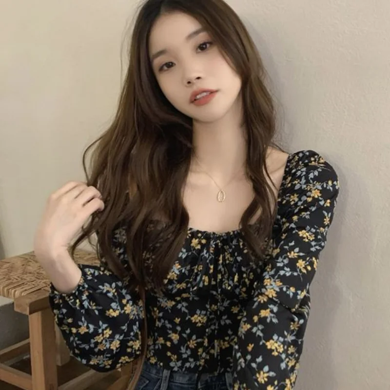 Floral Blouses Women Long Puff Sleeve Lace-up Design Fashion Slim Fit Casual Females Ulzzang All-match Spring Stylish Popular