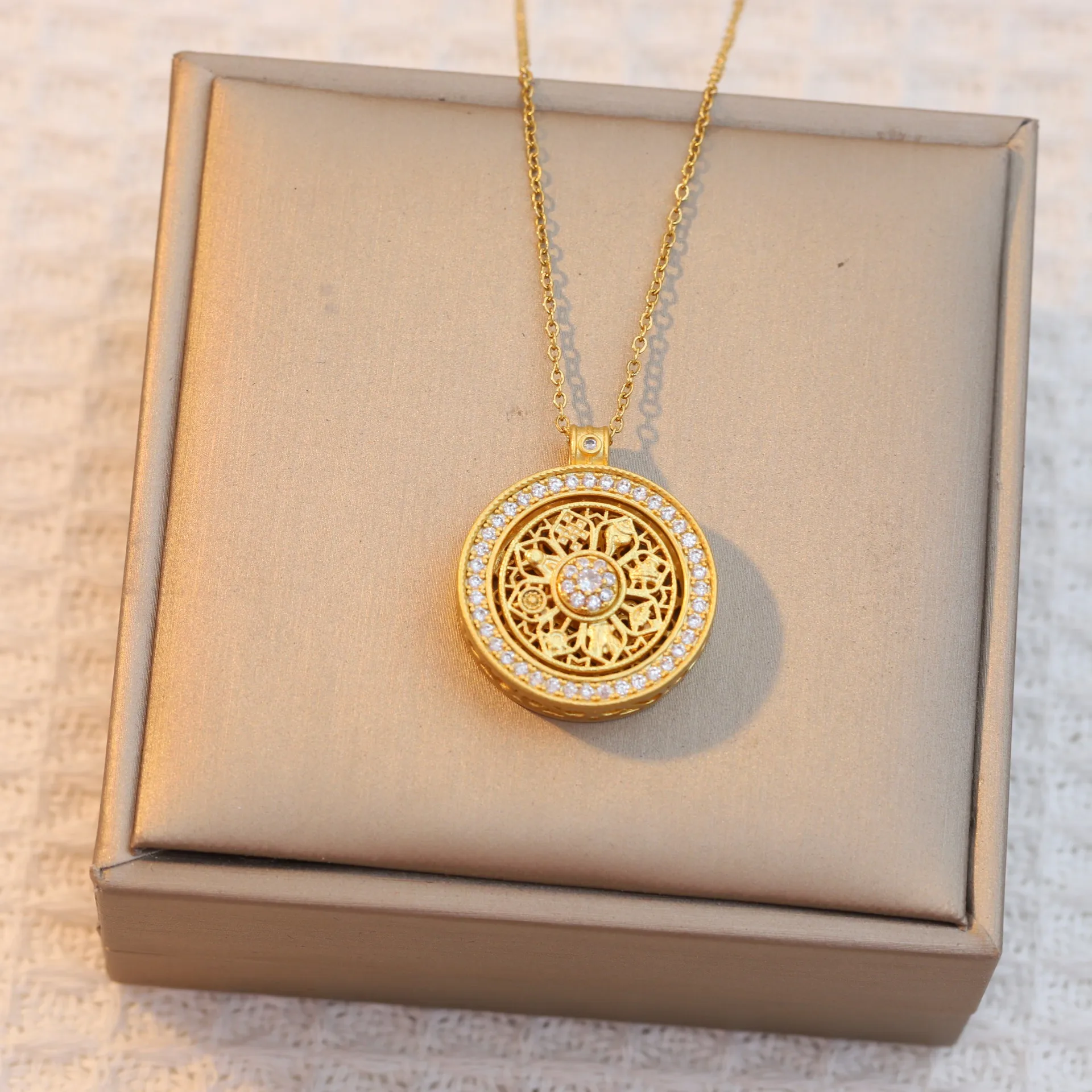 Golden Rotate Eight Treasures Compass Pendant For Men Women Girl Stainless Steel Chain Crystal Pendant Necklace Jewelry Gift