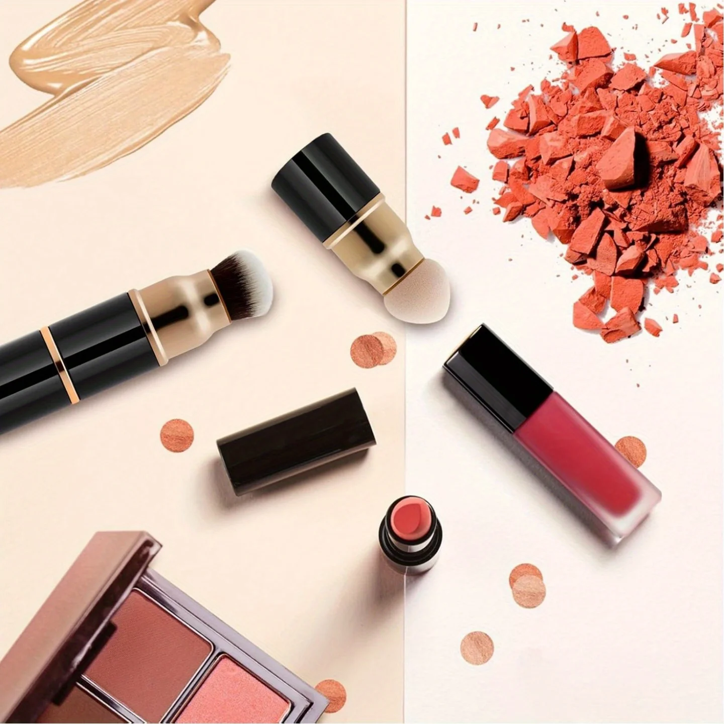 Nova combinação de pincéis de maquiagem 3 em 1: pincel de base, pincel de pó, esponja, cosmético portátil multifuncional