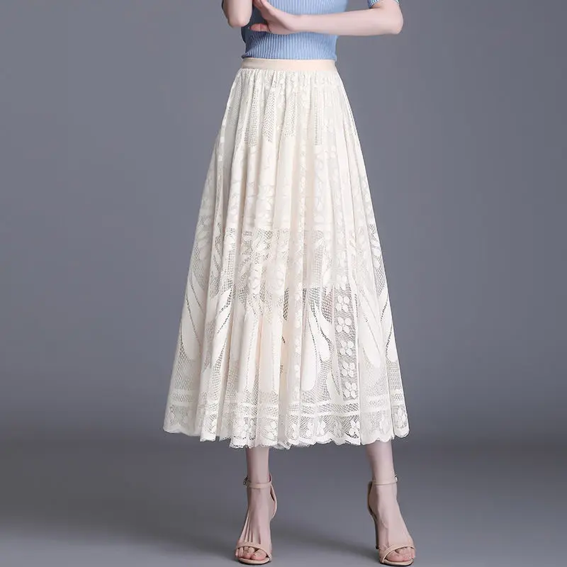 Sexy Slim Lace Hollow Out 2023 Summer New Office Lady Elegant Solid High Waist Midi A Line Skirt Women\'s Elegant Clothing M61