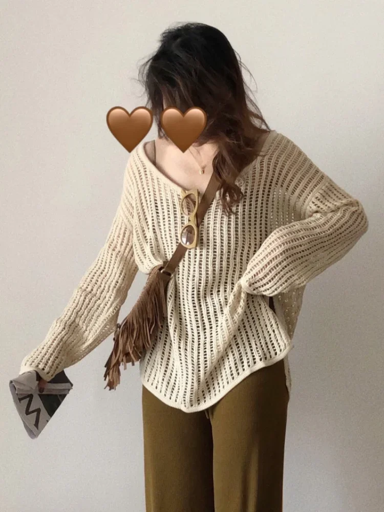 

Мешковатые пуловеры с вырезами, женские повседневные литературные однотонные весенние пуловеры Ulzzang, ленивый офисный женский дизайн, шикарная уличная одежда в стиле Харадзюку, популярная