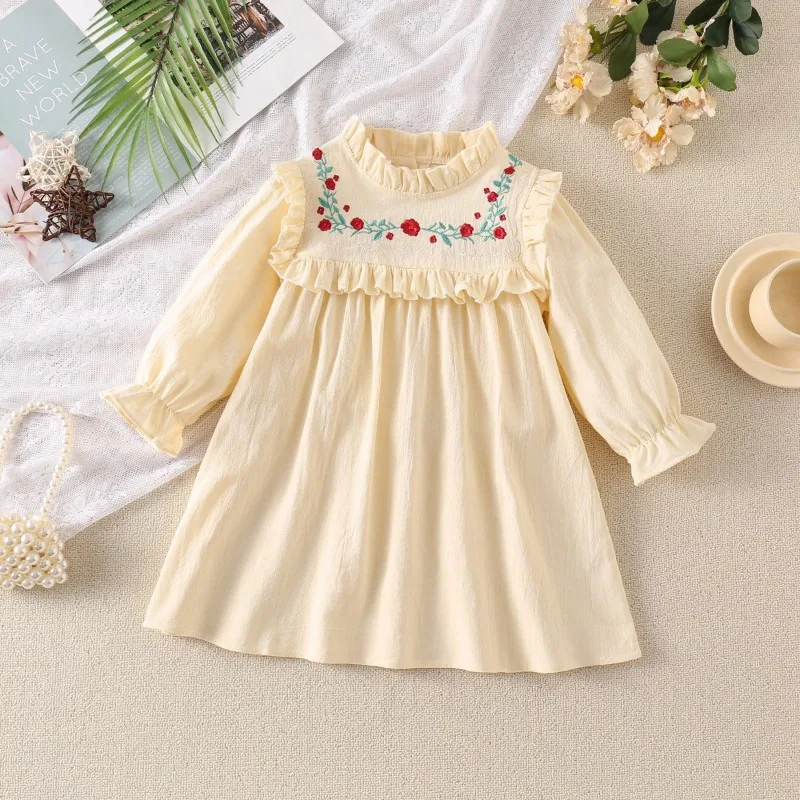 Rench Embroidery Flower Stand Up Collar Kids' Dress 2025 Spring Ruffled Long Sleeved Girls' Princess Dress Children's Clothing