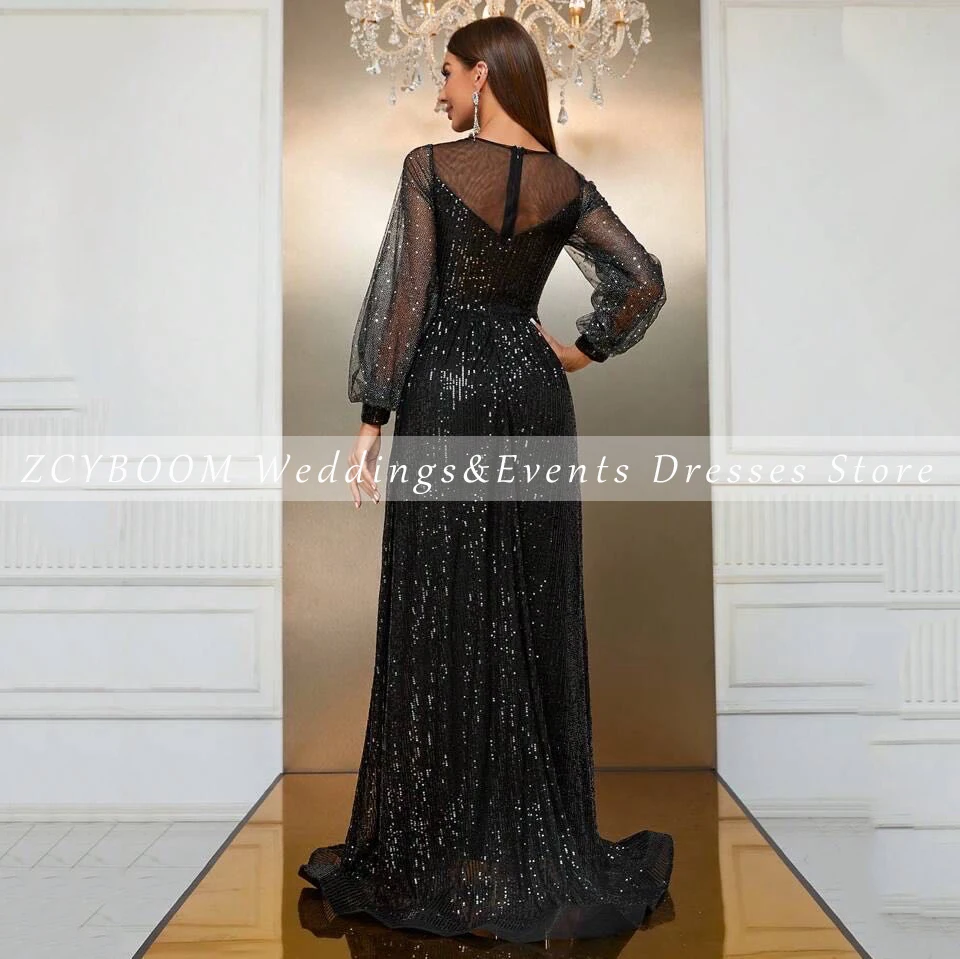 Vestido de noche personalizado con cuello redondo y lentejuelas, vestido de noche negro con mangas acampanadas, corte en A, largo hasta el suelo, cremallera, vestido de graduación hecho a medida 2024